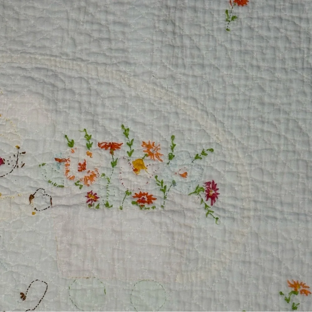 Vintage‎ Bunny Rabbit Baby Blanket Crib Hand Embroidered 55.5x34 3D Ears Easter